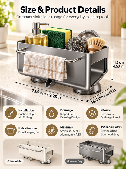 Auto-Draining Sink Sponge Holder No-Drill Suction Cup Kitchen Organizer
