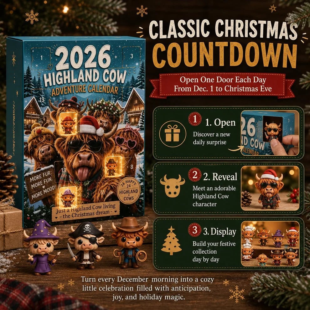 Highland Cow Advent Calendar 2026 24-Day Christmas Countdown with Cute Highland Cow Figurines