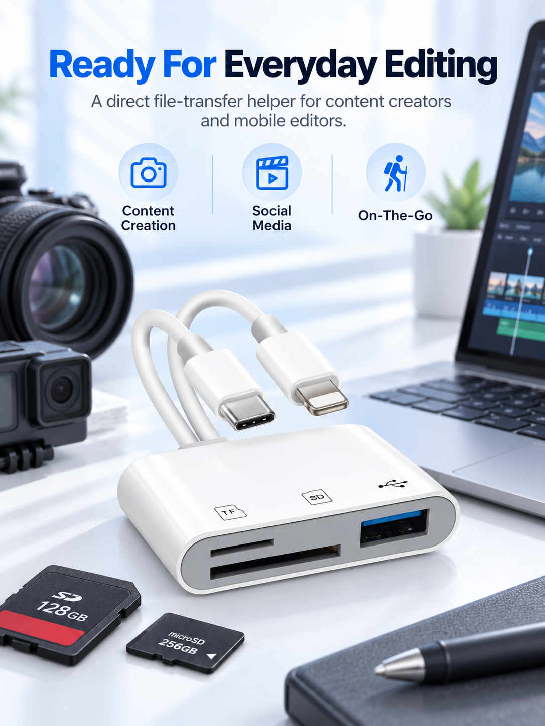 Dual-Cable SD/TF Card Reader & USB OTG Adapter Type-C Multiport Hub