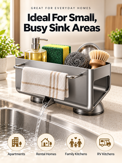 Auto-Draining Sink Sponge Holder No-Drill Suction Cup Kitchen Organizer