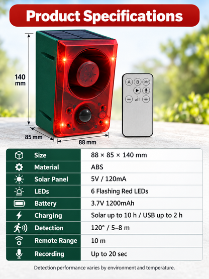 Solar-Powered Outdoor Motion Alarm Remote-Controlled Farm & Garden Security Siren