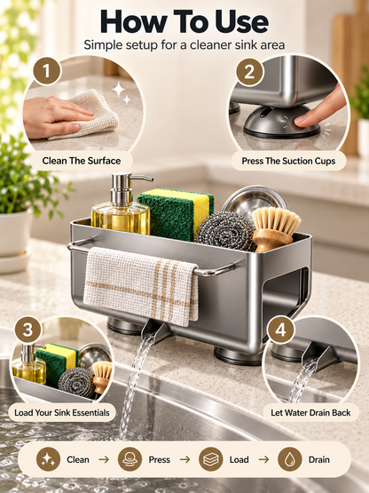 Auto-Draining Sink Sponge Holder No-Drill Suction Cup Kitchen Organizer