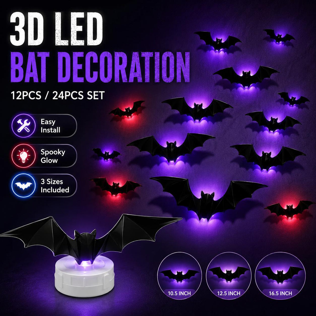 3D Bat Light LED Halloween Decoration, Flexible Wall Sticker, Easy to Install, Suitable for Home, Parties