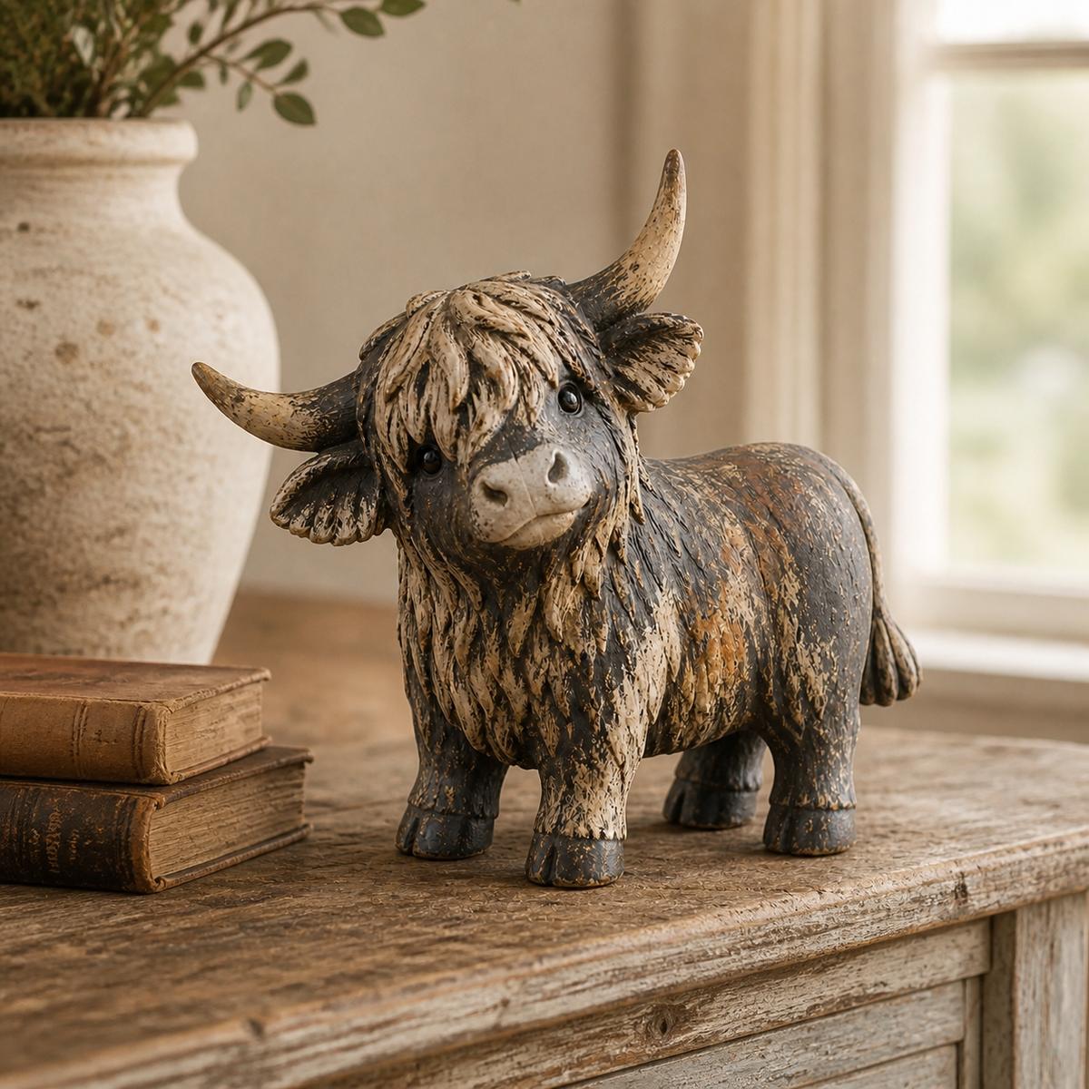 Rustic Highland Cow Figurine Charming Farmhouse Tabletop Decor
