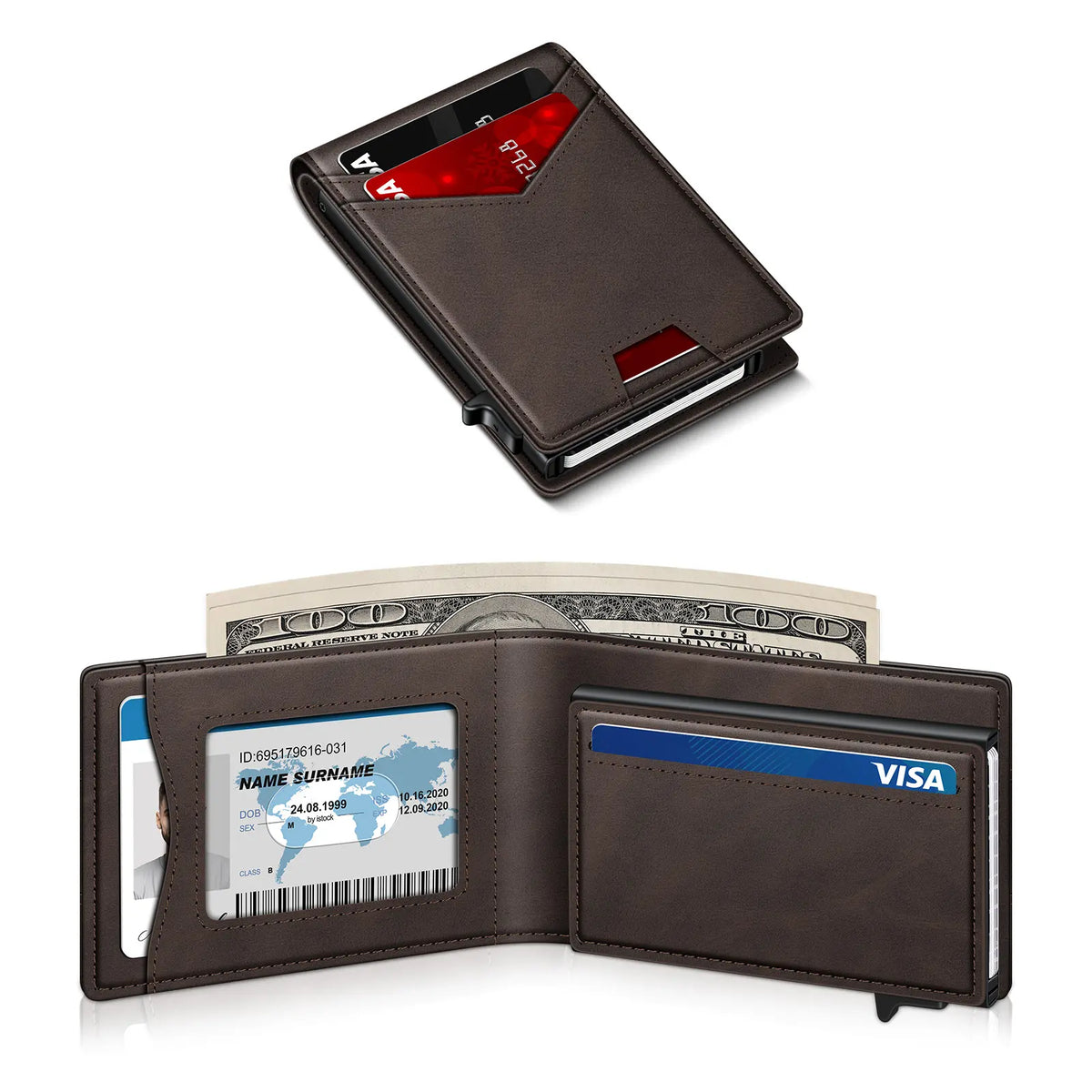 Men's RFID Minimalist Bifold Wallet - 1 ID Window, Pop Up Card Holder, Money Clip