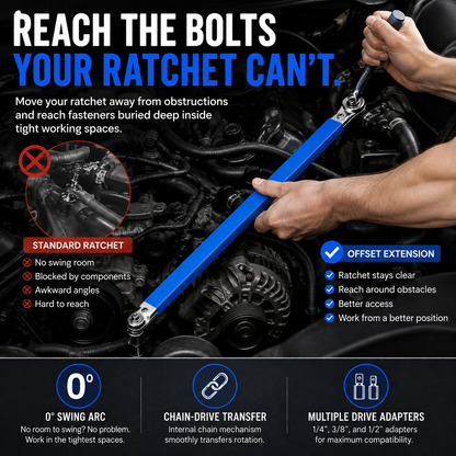 Impact-Ready Offset Extension Wrench Multi-Drive Adapter Tool for Tight Repair Spaces