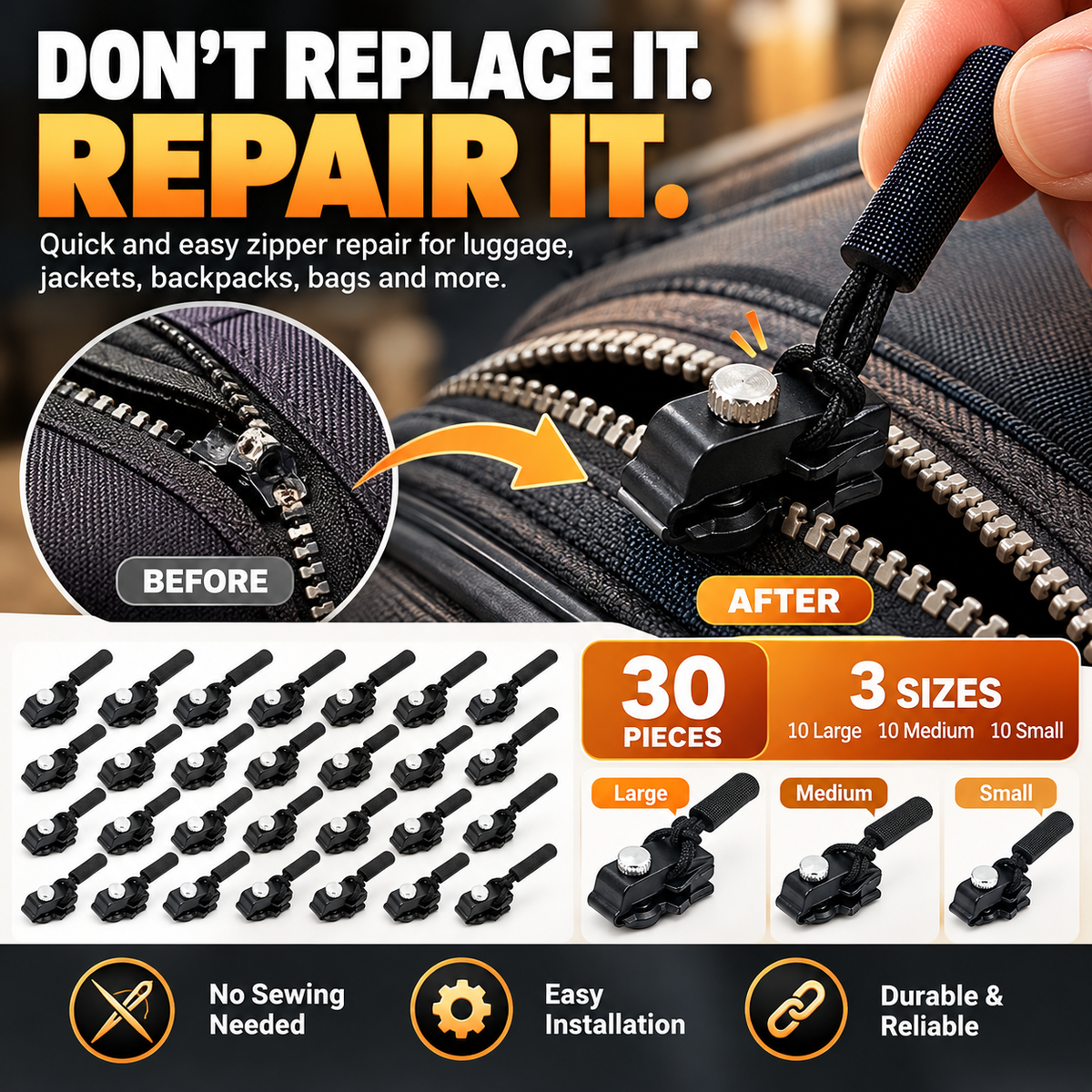 Replacement Zipper Slider Kit 30-Piece No-Sew Zipper Fix Set for Jackets, Tents, Pants & Bags