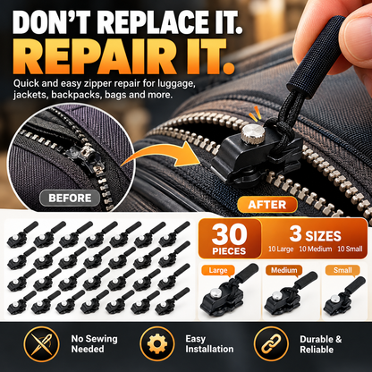 Replacement Zipper Slider Kit 30-Piece No-Sew Zipper Fix Set for Jackets, Tents, Pants & Bags