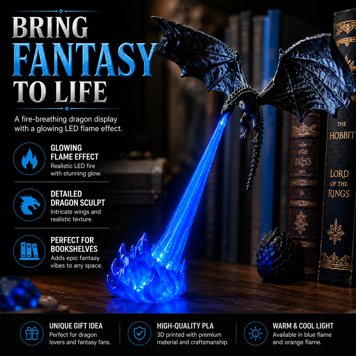 3D Fire Breathing Dragon LED Light | Glowing Fantasy Bookshelf Decor