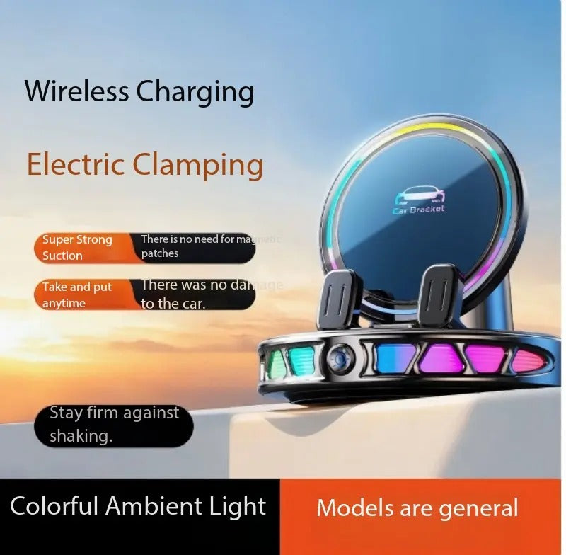 360 Rotating Wireless Charging Car Phone Mount RGB Ambient Light, Auto-Lock, Ultra-Stable Suction