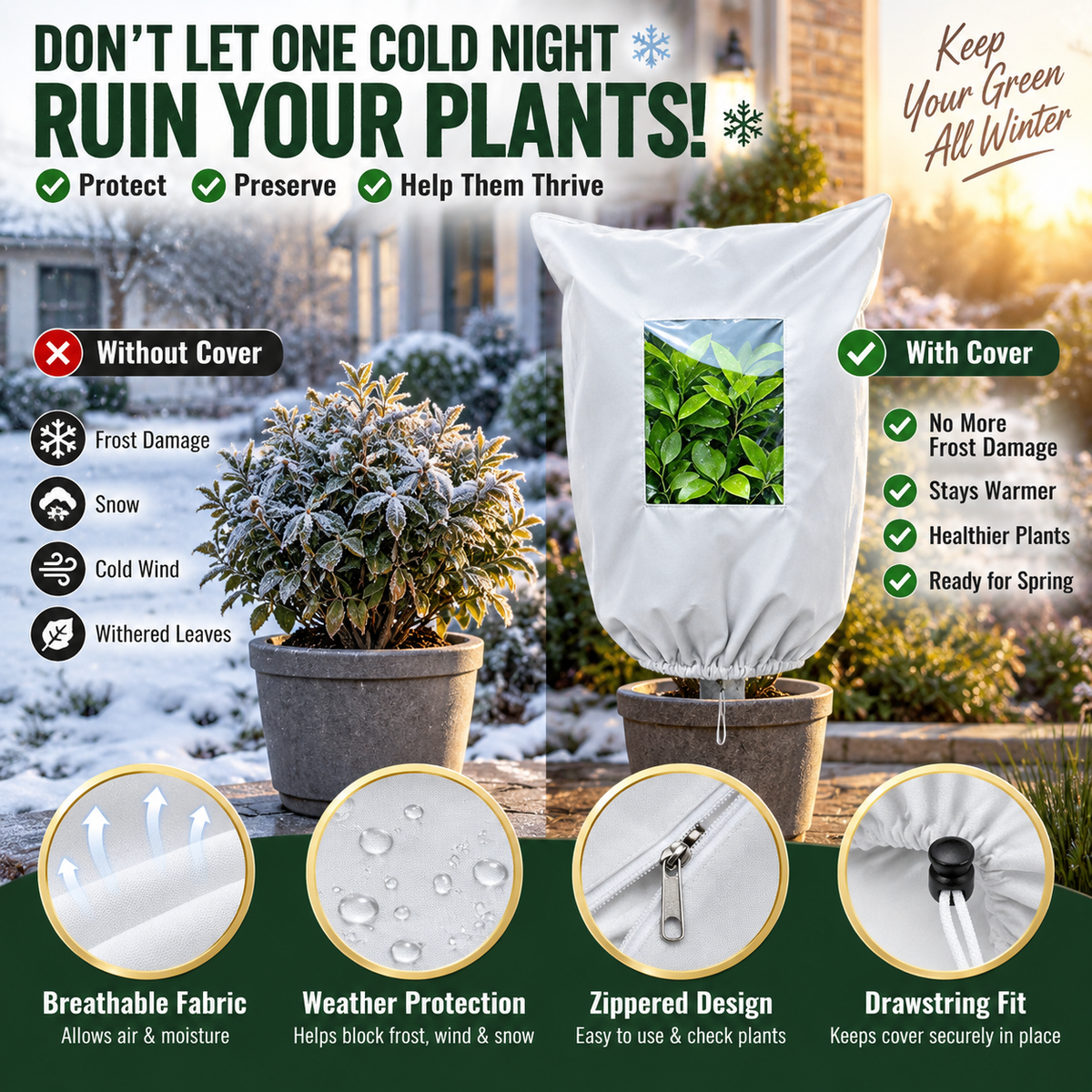 Plant Frost Protection Cover Breathable Reusable Cover for Shrubs, Pots & Young Trees