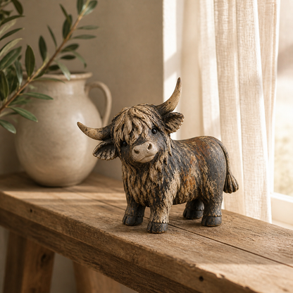 Rustic Highland Cow Figurine Charming Farmhouse Tabletop Decor