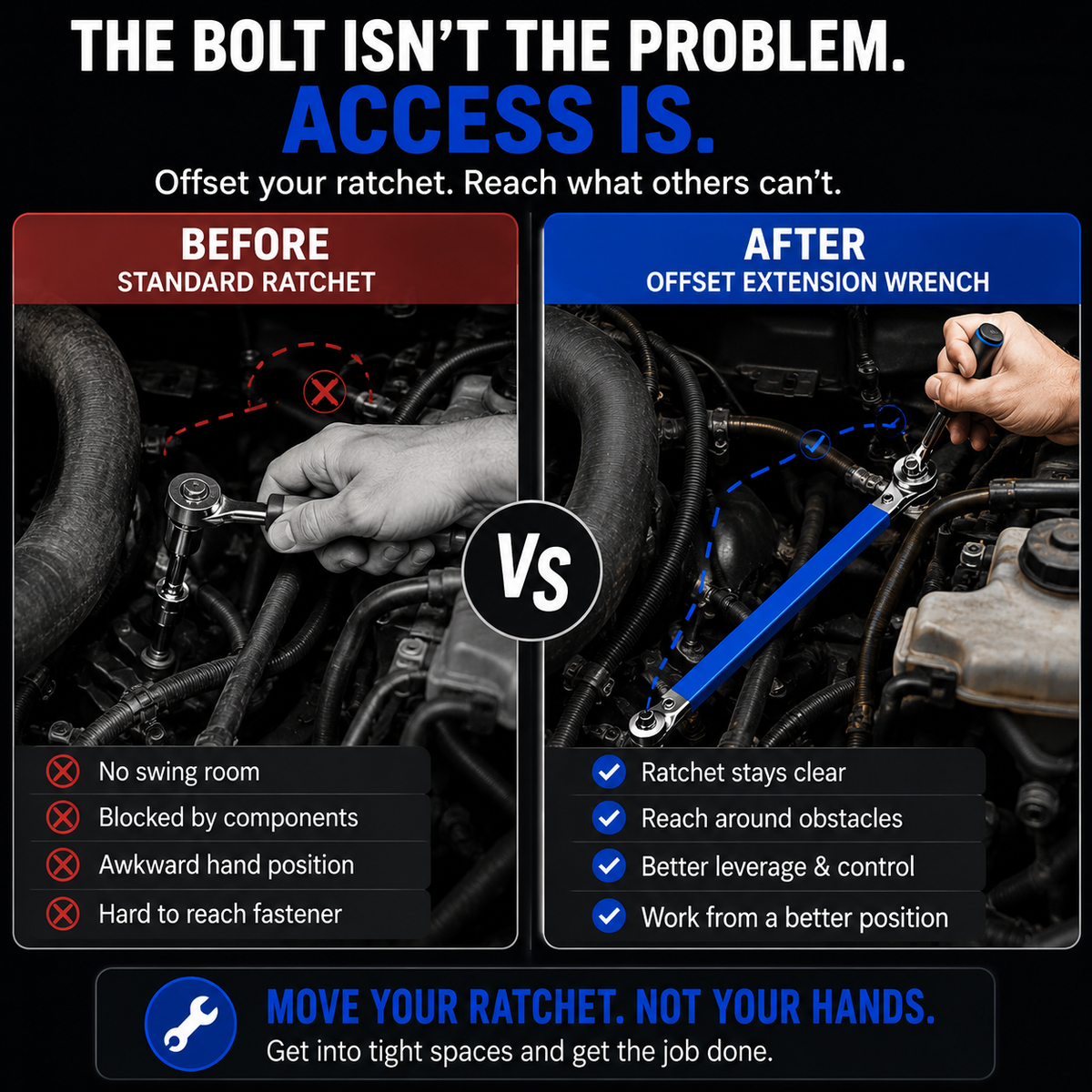 Impact-Ready Offset Extension Wrench Multi-Drive Adapter Tool for Tight Repair Spaces
