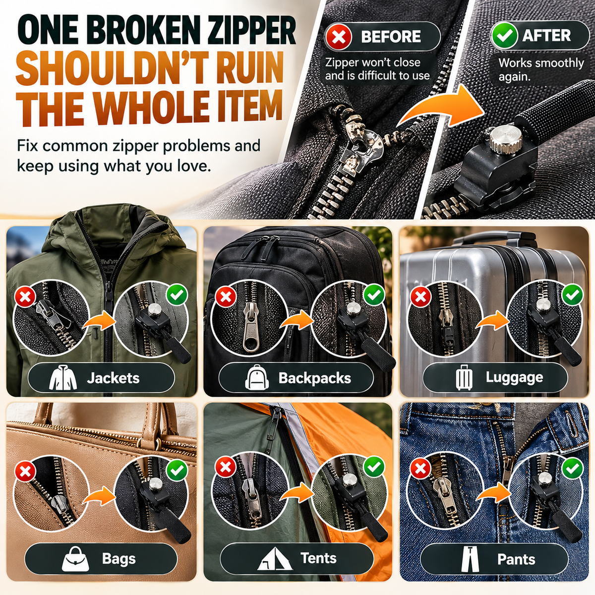 Replacement Zipper Slider Kit 30-Piece No-Sew Zipper Fix Set for Jackets, Tents, Pants & Bags