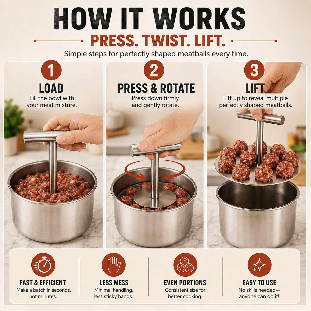 FAMILY KITCHEN | Stainless Steel Meatball Press Make Uniform Meatballs for Pasta, Dinner & Meal Prep