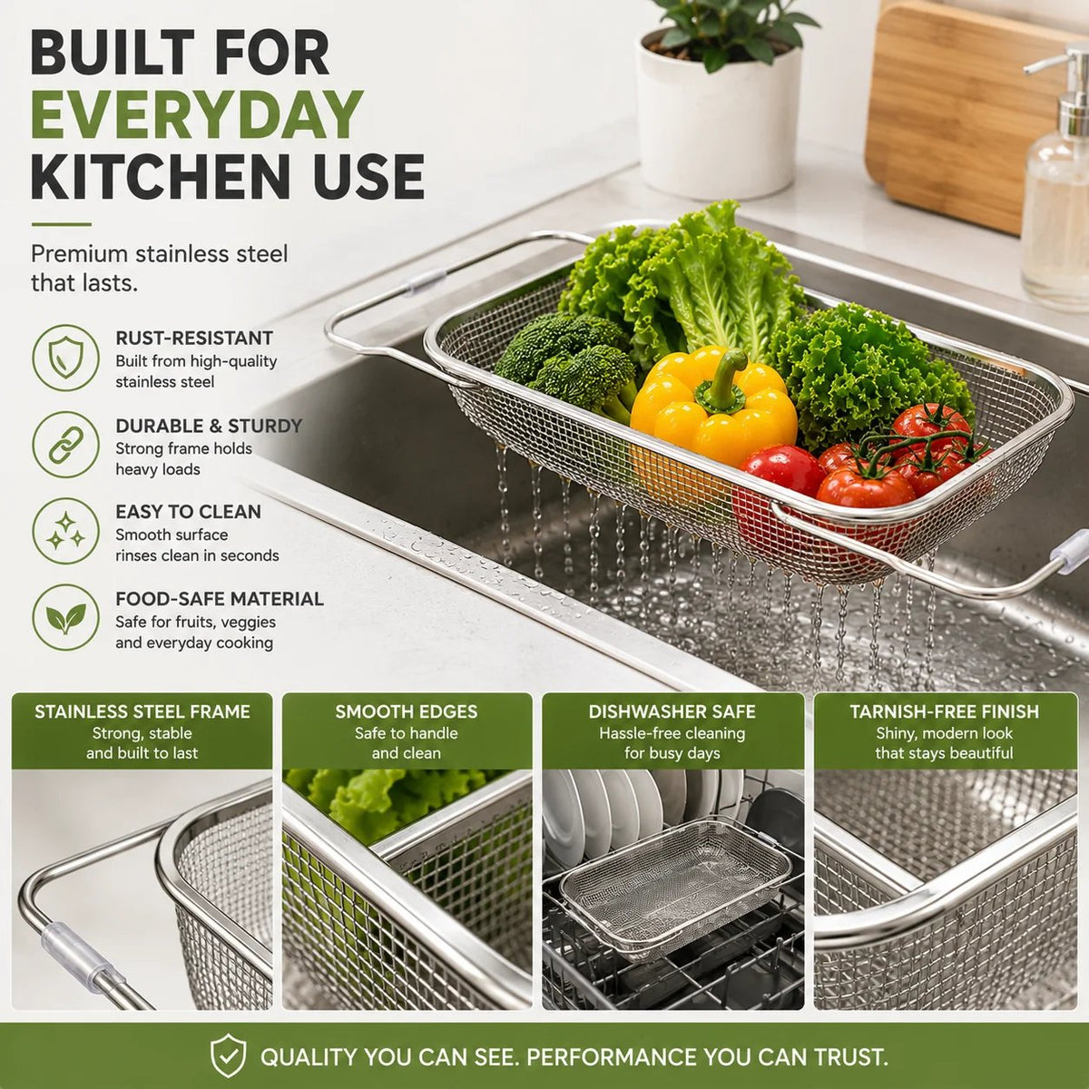 Expandable Over-the-Sink Colander Basket Wash, Drain & Dry with Ease