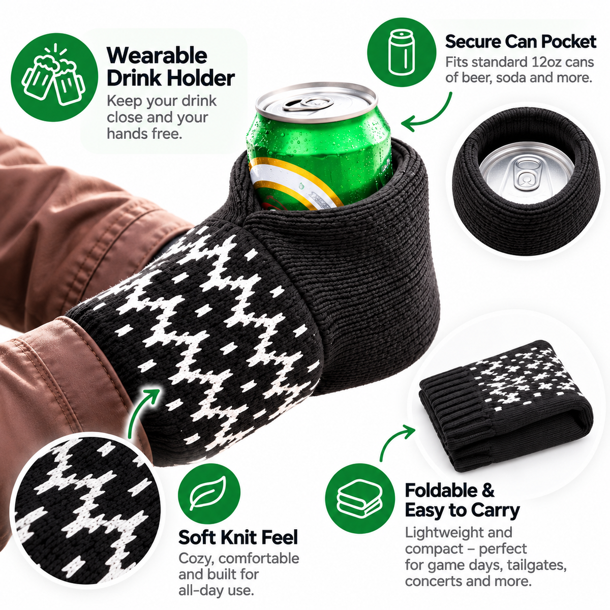 Hands-Free Wearable Can Holder Cozy Knit Drink Sleeve for Game Day