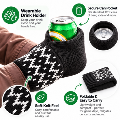 Hands-Free Wearable Can Holder Cozy Knit Drink Sleeve for Game Day