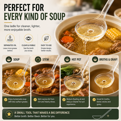 Fat Skimmer Ladle | Clear Oil Separator Spoon for Soup, Broth & Stew