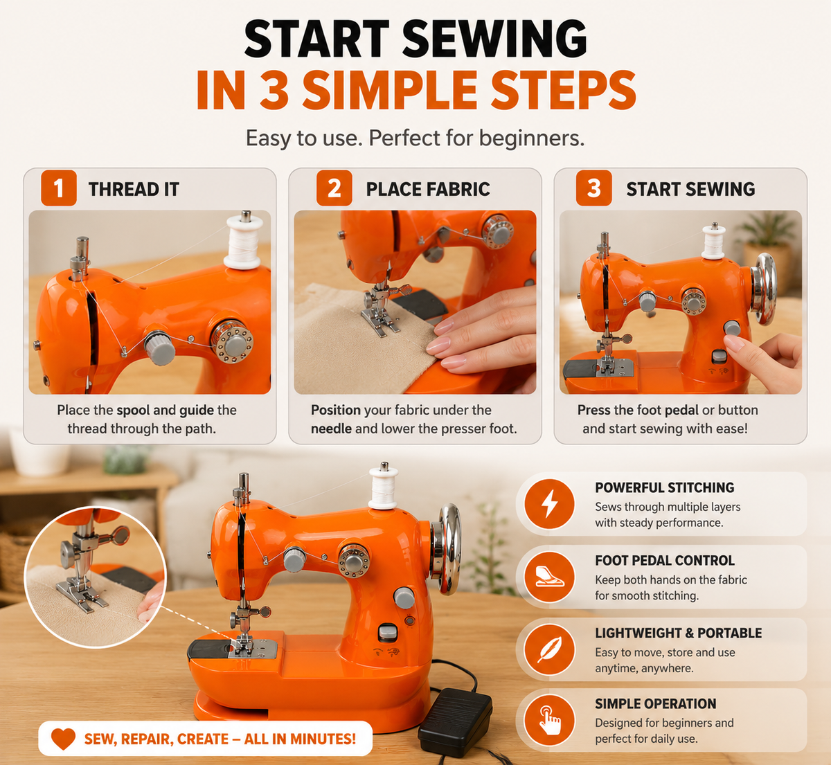 Mini Electric Sewing Machine Beginner-Friendly Portable Sewing Machine with Foot Pedal for Clothing Repair & DIY Crafts