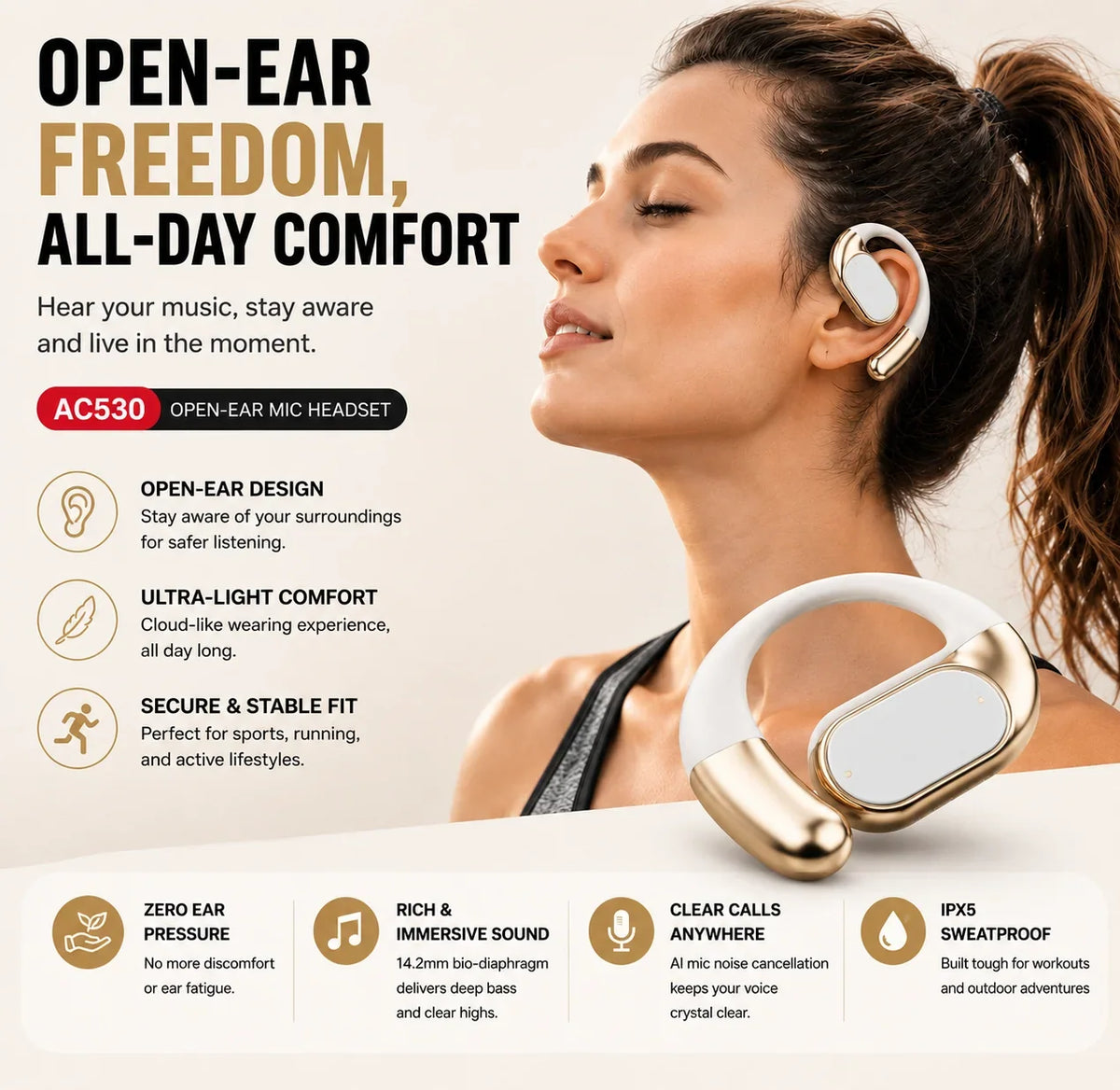 Monster AC530 Open-Ear Headset | 165H Battery, Bluetooth 6.0, Ultra Comfort Wireless Earbuds