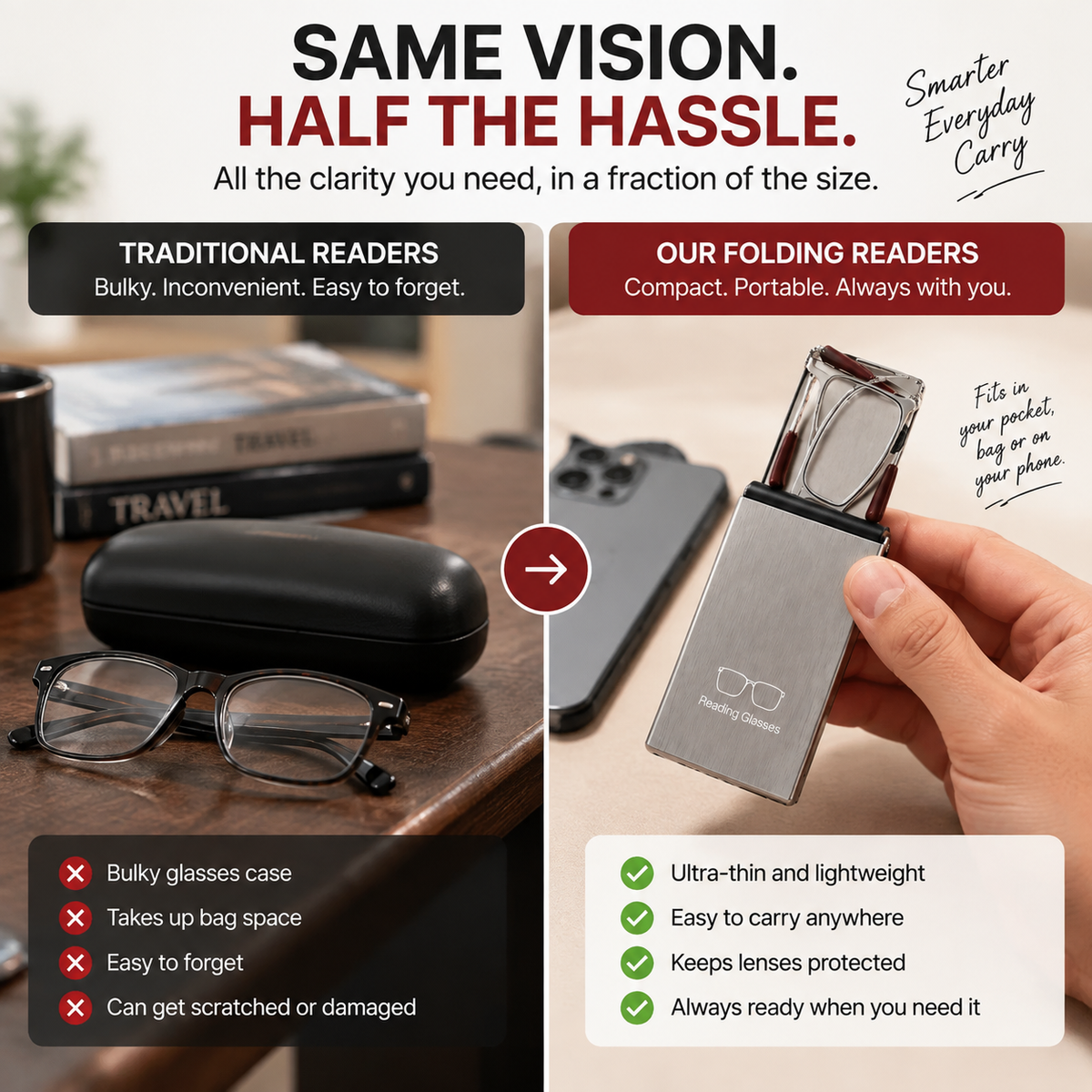 Folding Reading Glasses Ultra-Slim Portable Readers with Protective Metal Case for Everyday & Travel
