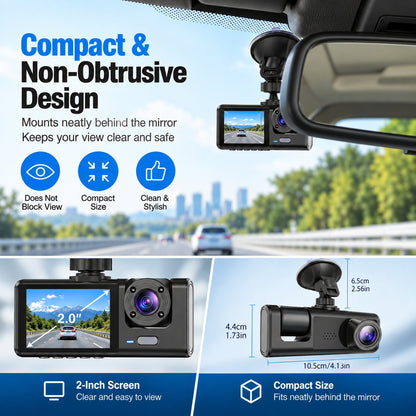 Upgraded 360 Protection Dash Cam Triple-Lens 1080P Front Cabin Rear | WiFi Phone Link Never Drive Blind Again!