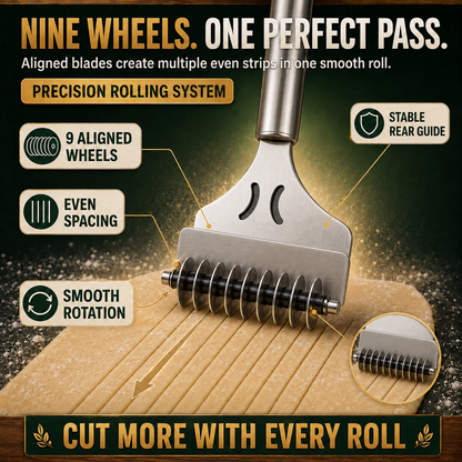 Stainless Steel 9-Wheel Rolling Noodle Cutter Fast, Even Homemade Pasta Strips