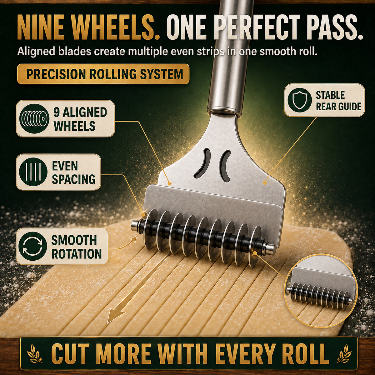 Stainless Steel 9-Wheel Adjustable Pasta Cutter Fast & Even Homemade Noodles