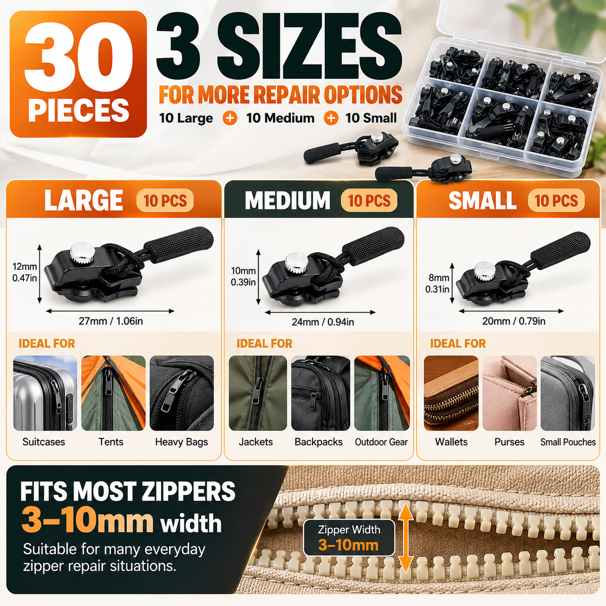Replacement Zipper Slider Kit 30-Piece No-Sew Zipper Fix Set for Jackets, Tents, Pants & Bags