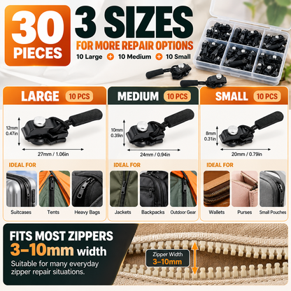Replacement Zipper Slider Kit 30-Piece No-Sew Zipper Fix Set for Jackets, Tents, Pants & Bags