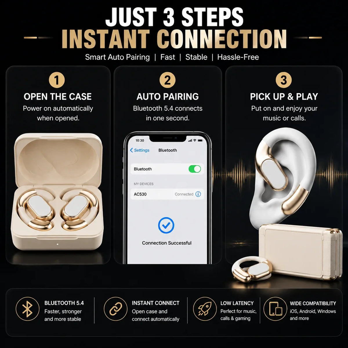 Monster AC530 Open-Ear Headset | 165H Battery, Bluetooth 6.0, Ultra Comfort Wireless Earbuds