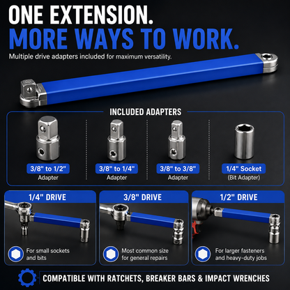 Impact-Ready Offset Extension Wrench Multi-Drive Adapter Tool for Tight Repair Spaces
