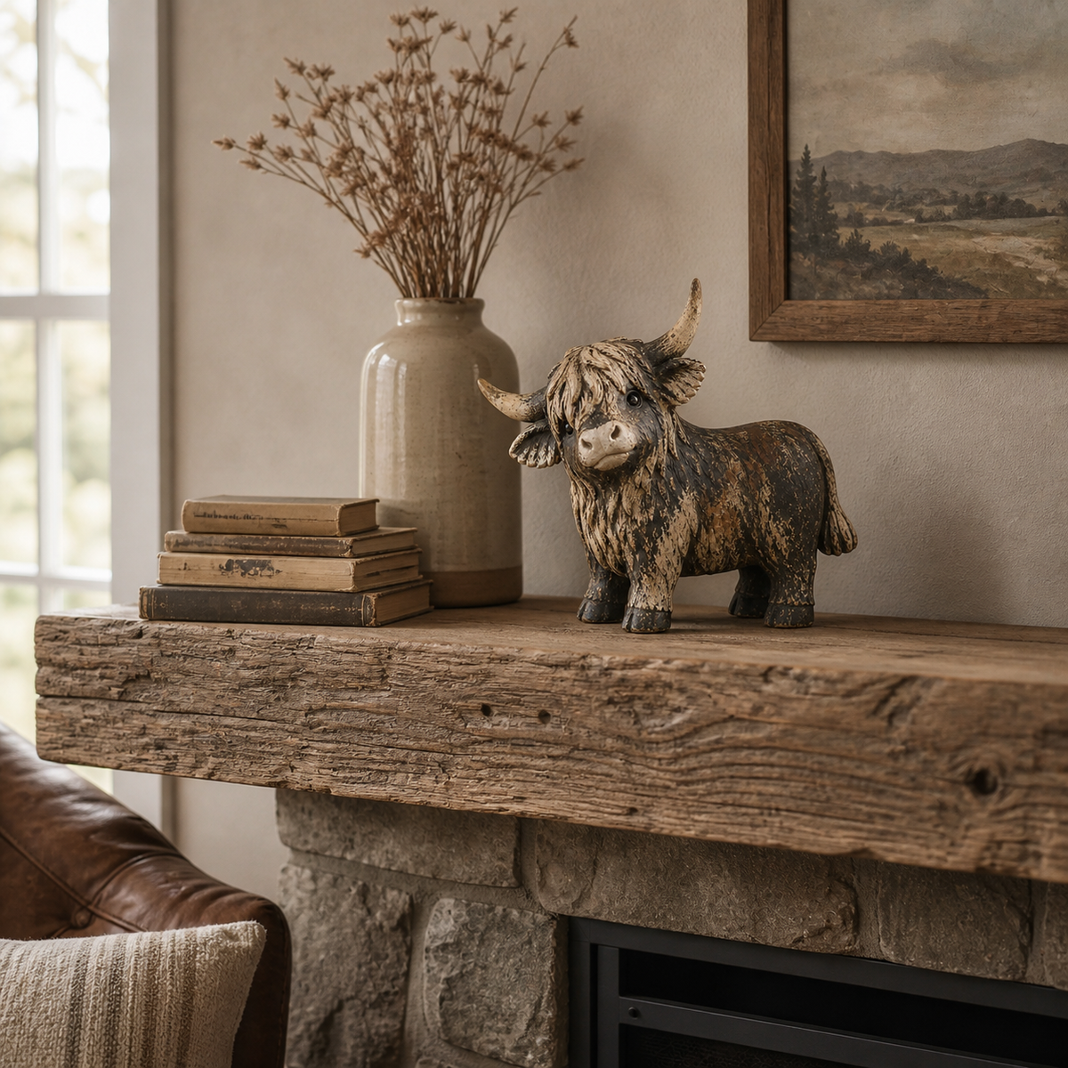 Rustic Highland Cow Figurine Charming Farmhouse Tabletop Decor