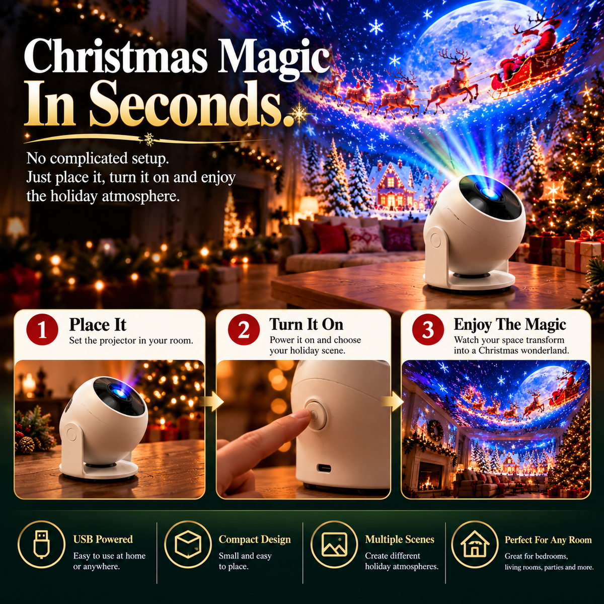 Christmas Projector Light Indoor Holiday Projection Lamp for Walls & Ceilings