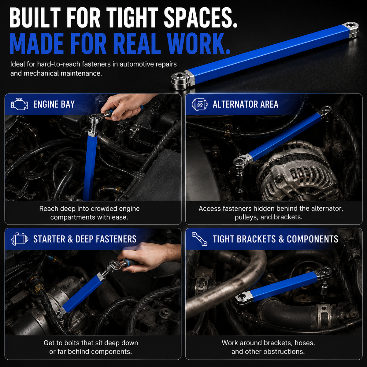 Impact-Ready Offset Extension Wrench Multi-Drive Adapter Tool for Tight Repair Spaces
