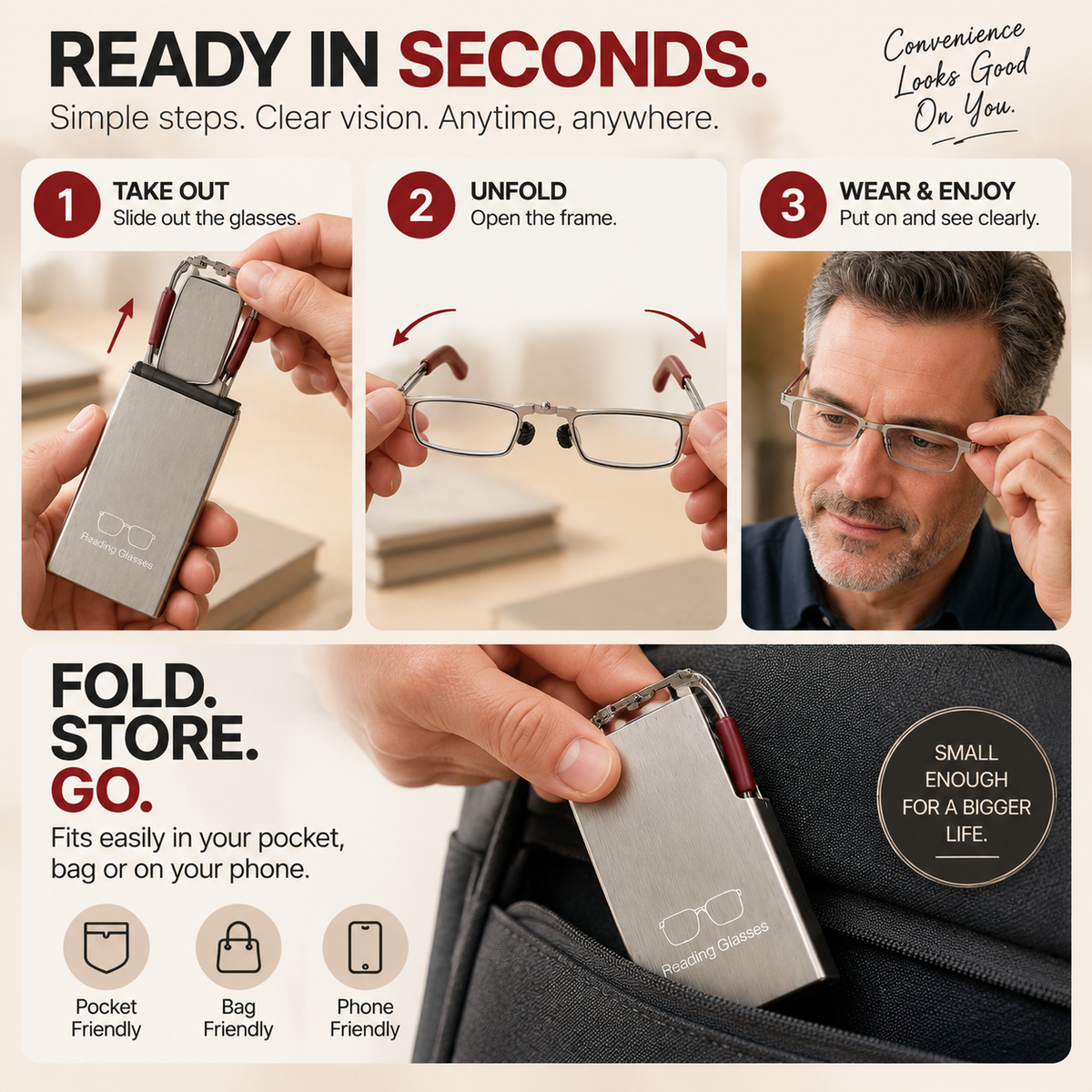 Folding Reading Glasses Ultra-Slim Portable Readers with Protective Metal Case for Everyday & Travel