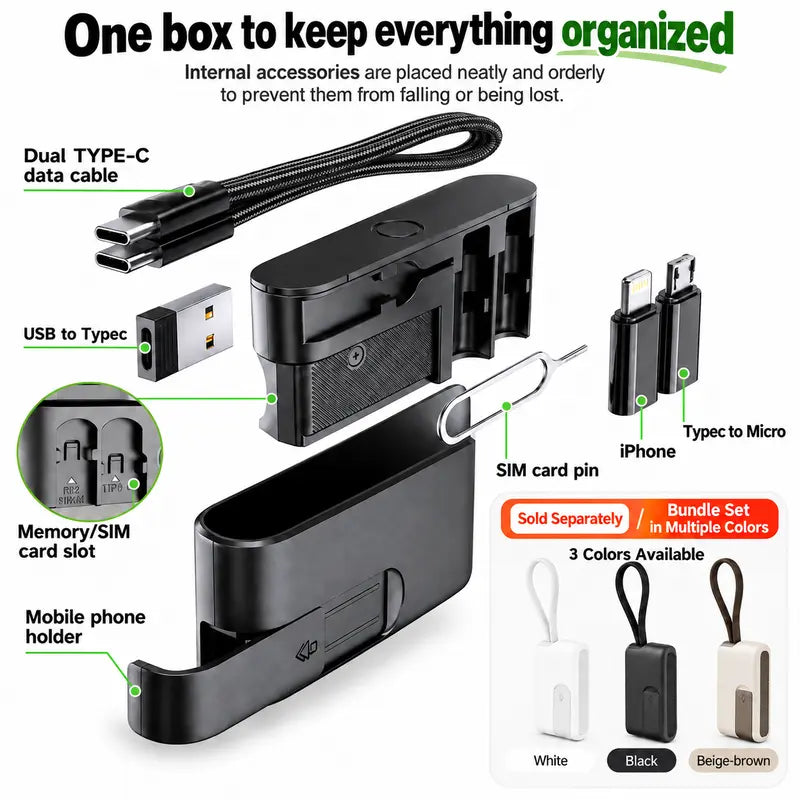 Pocket Travel Cable Kit USB-C Cable, 3 Adapters, SIM/TF Storage & Phone Stand