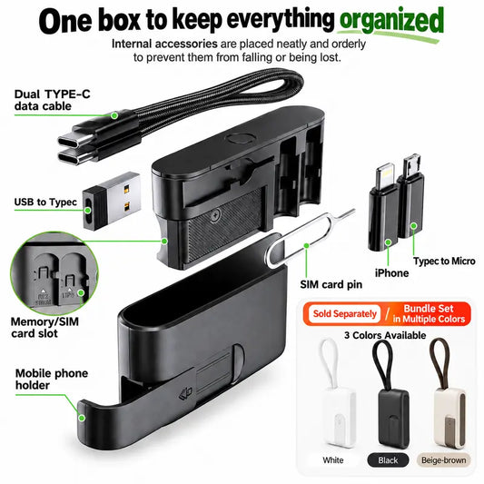 Pocket Travel Cable Kit USB-C Cable, 3 Adapters, SIM/TF Storage & Phone Stand