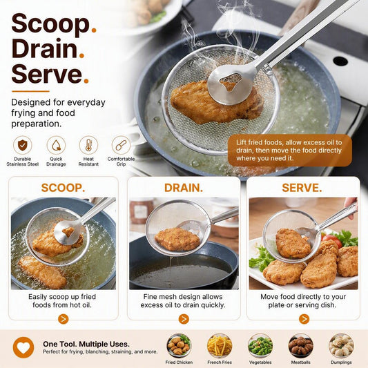 Stainless Steel Oil Strainer Easy Deep-Frying Food Filter for Crispy Cooking