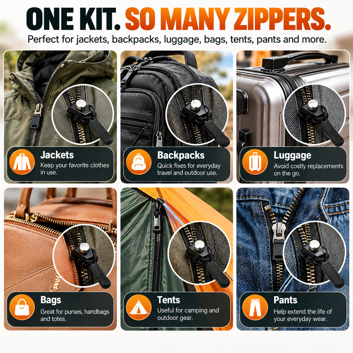 Replacement Zipper Slider Kit 30-Piece No-Sew Zipper Fix Set for Jackets, Tents, Pants & Bags