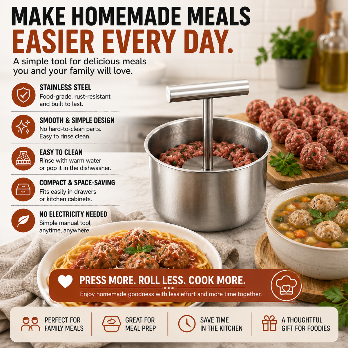FAMILY KITCHEN | Stainless Steel Meatball Press Make Uniform Meatballs for Pasta, Dinner & Meal Prep