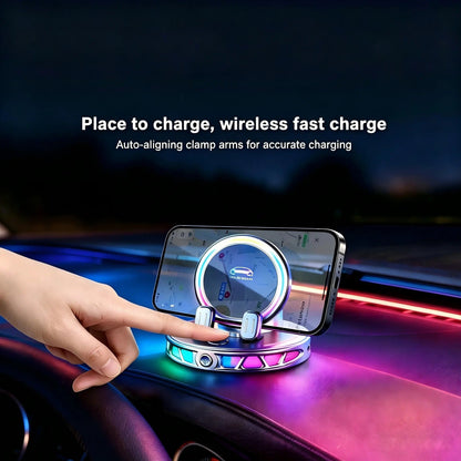 360 Rotating Wireless Charging Car Phone Mount RGB Ambient Light, Auto-Lock, Ultra-Stable Suction