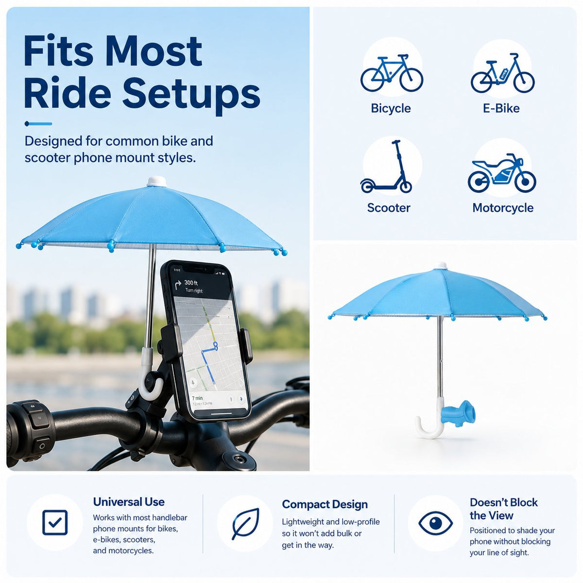 Mini Sun/Rain Umbrella for Motorcycle & Bicycle Phone MountShade Your Screen. Save Your Battery