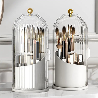 360° Rotating Makeup Brush Organizer – Clear Acrylic Cosmetic Storage Holder with Dust-Proof Lid