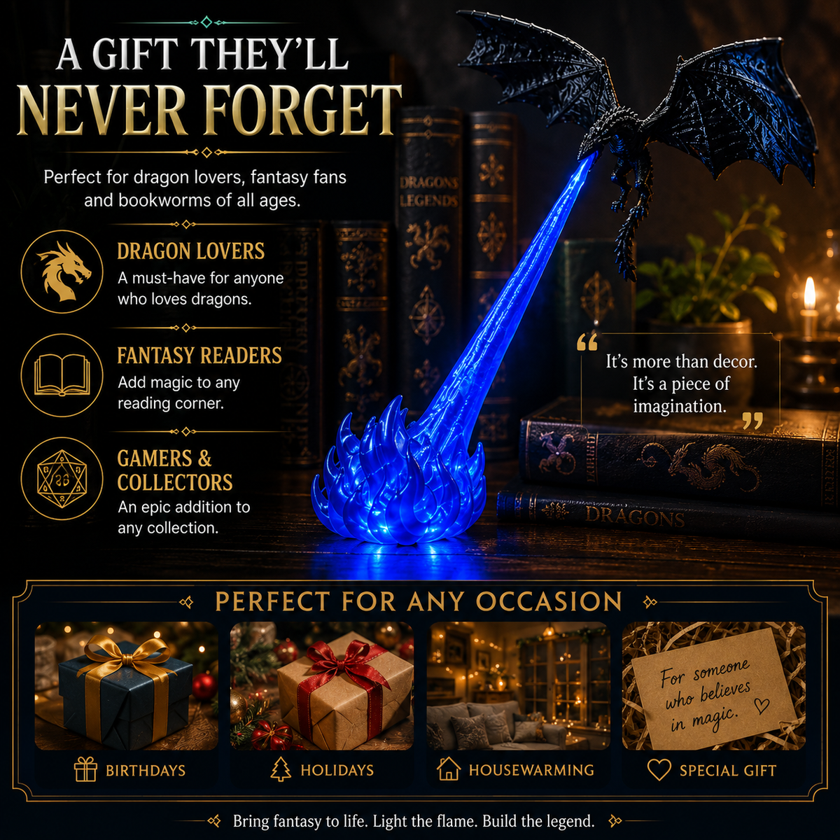 3D Fire Breathing Dragon LED Light | Glowing Fantasy Bookshelf Decor
