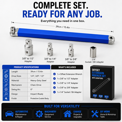Impact-Ready Offset Extension Wrench Multi-Drive Adapter Tool for Tight Repair Spaces