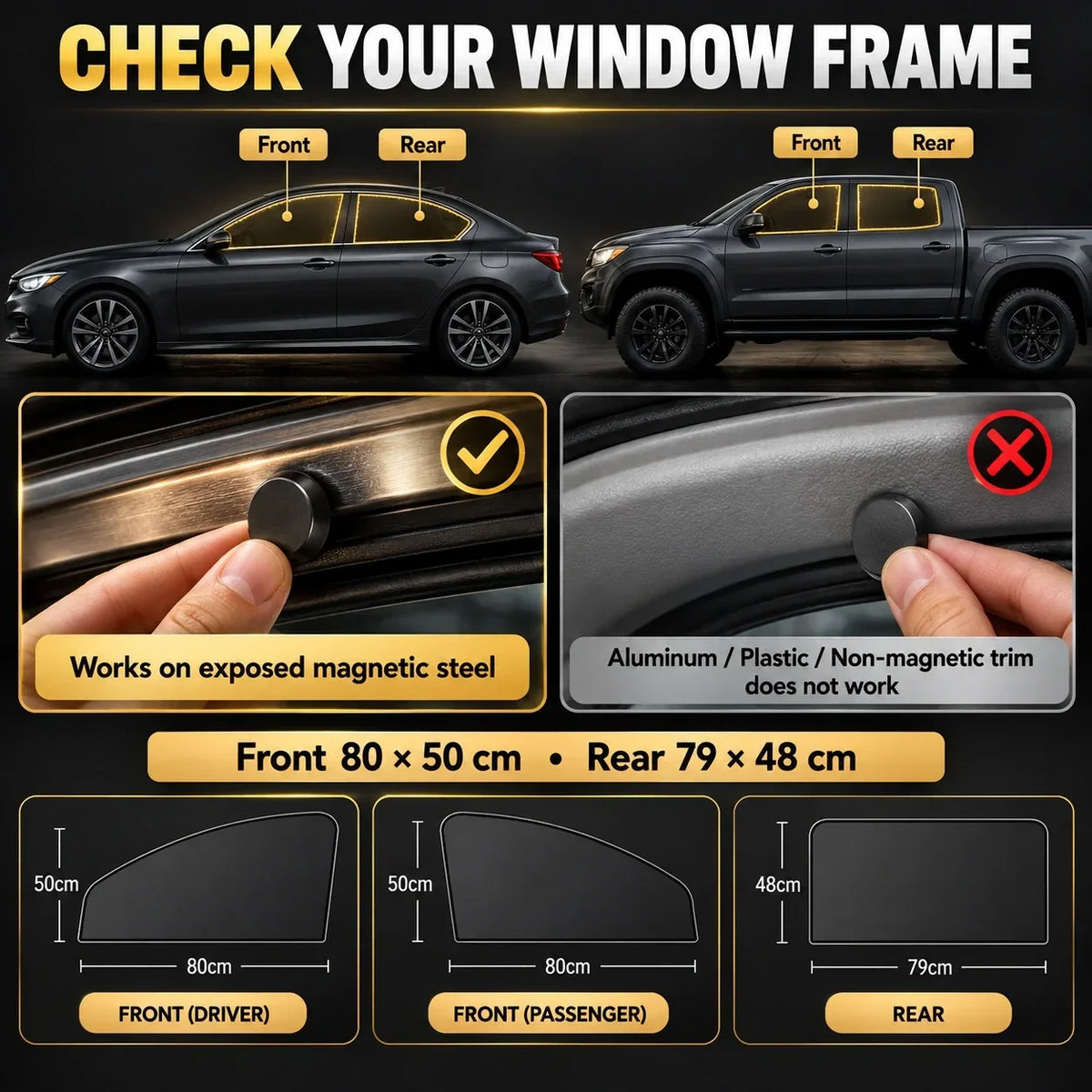 Magnetic Car Side Window Curtains 4-Piece Front & Rear Privacy Sunshade Set
