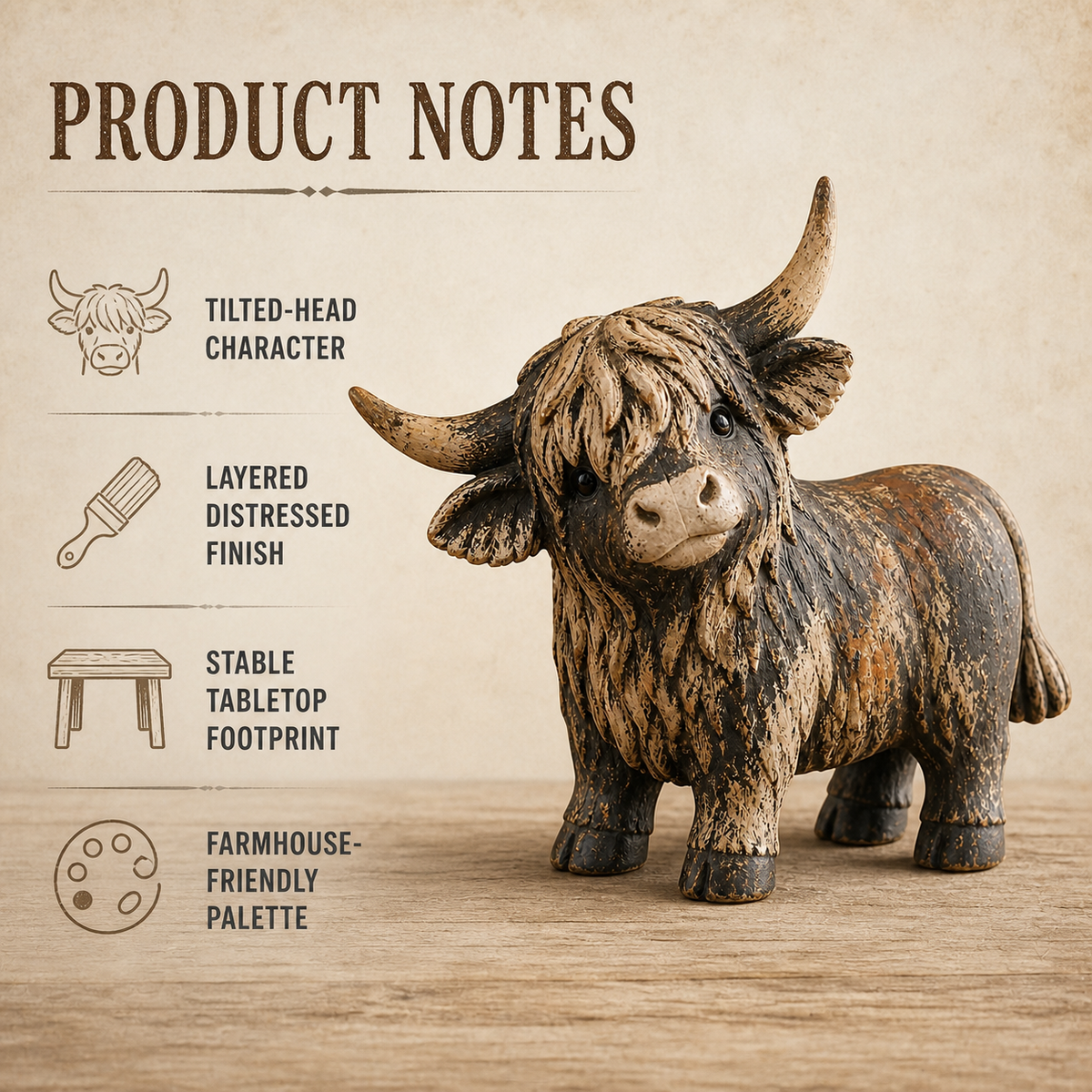 Rustic Highland Cow Figurine Charming Farmhouse Tabletop Decor