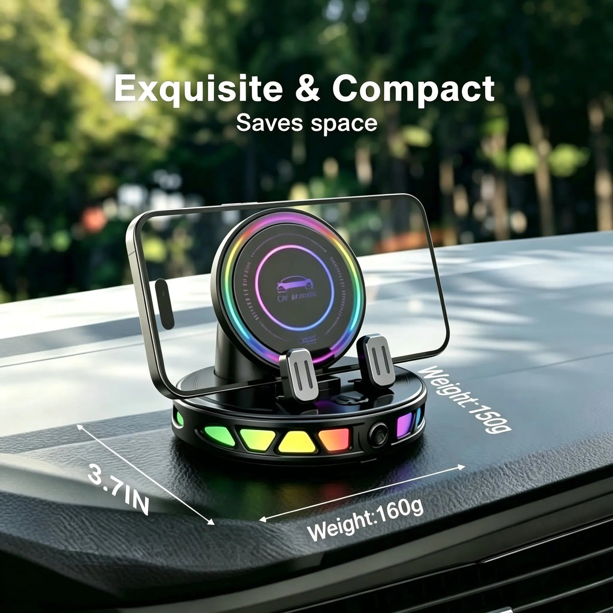 360 Rotating Wireless Charging Car Phone Mount RGB Ambient Light, Auto-Lock, Ultra-Stable Suction